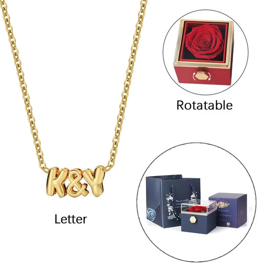 Customize Initial Letter Bracelet A&B ETERNAL ROSE BOX-3D BUBBLE & REALROSE Flower Gift Box Heart Valentine Day Gift for Women