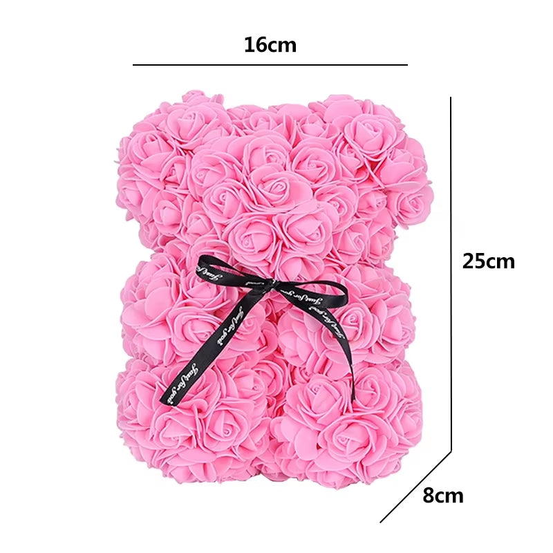 25Cm Artificial Teddy Rose Flower Bear with Box Romantic Valentines Day Gift Girlfriend Women Mother Birthday Wedding Party Deco