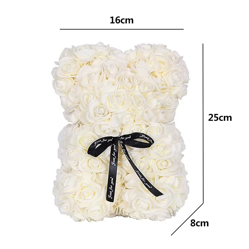 25Cm Artificial Teddy Rose Flower Bear with Box Romantic Valentines Day Gift Girlfriend Women Mother Birthday Wedding Party Deco