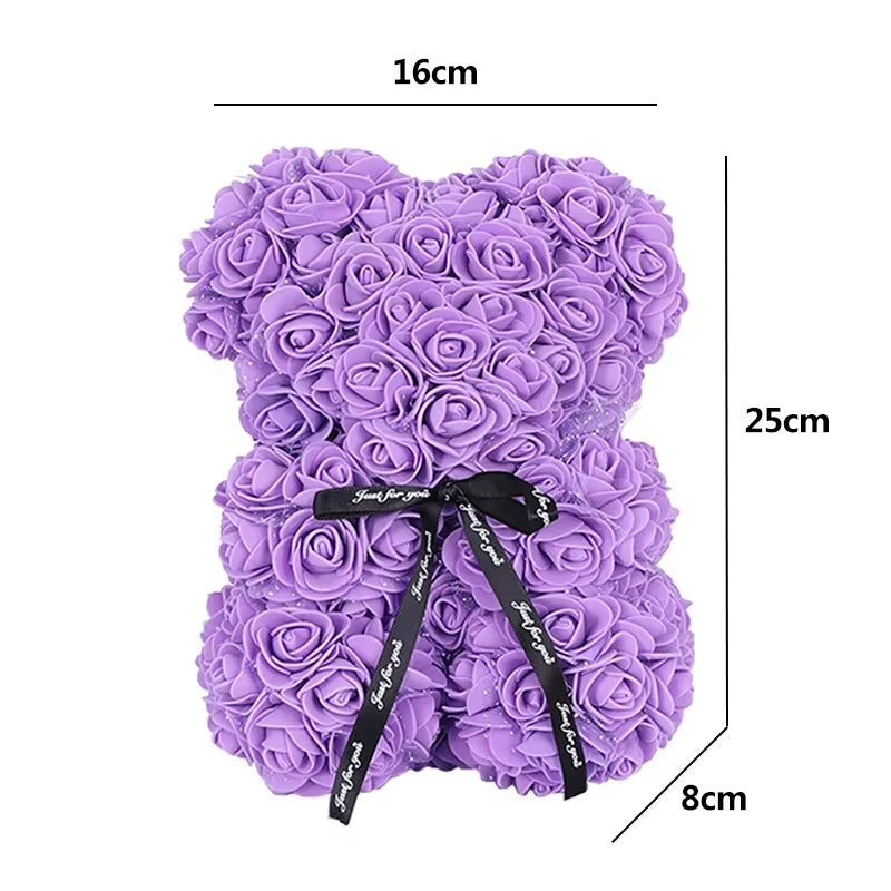 25Cm Artificial Teddy Rose Flower Bear with Box Romantic Valentines Day Gift Girlfriend Women Mother Birthday Wedding Party Deco