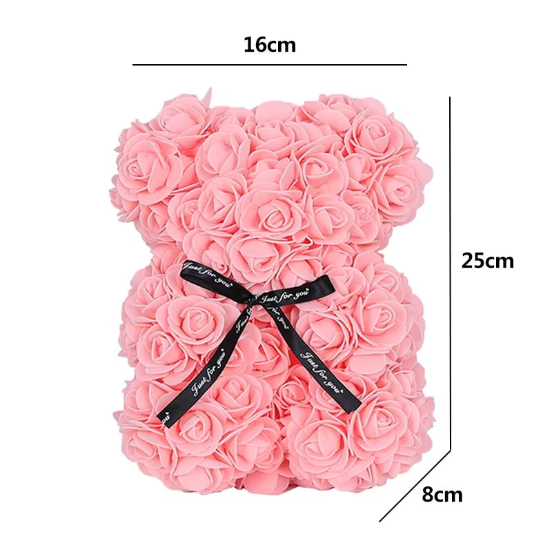 25Cm Artificial Teddy Rose Flower Bear with Box Romantic Valentines Day Gift Girlfriend Women Mother Birthday Wedding Party Deco