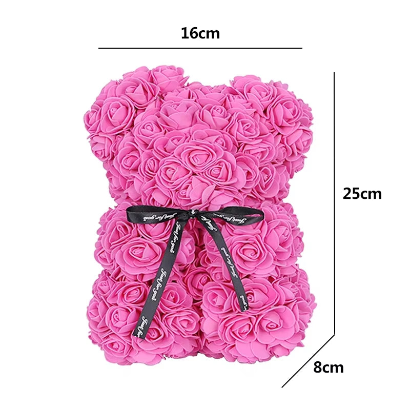 25Cm Artificial Teddy Rose Flower Bear with Box Romantic Valentines Day Gift Girlfriend Women Mother Birthday Wedding Party Deco