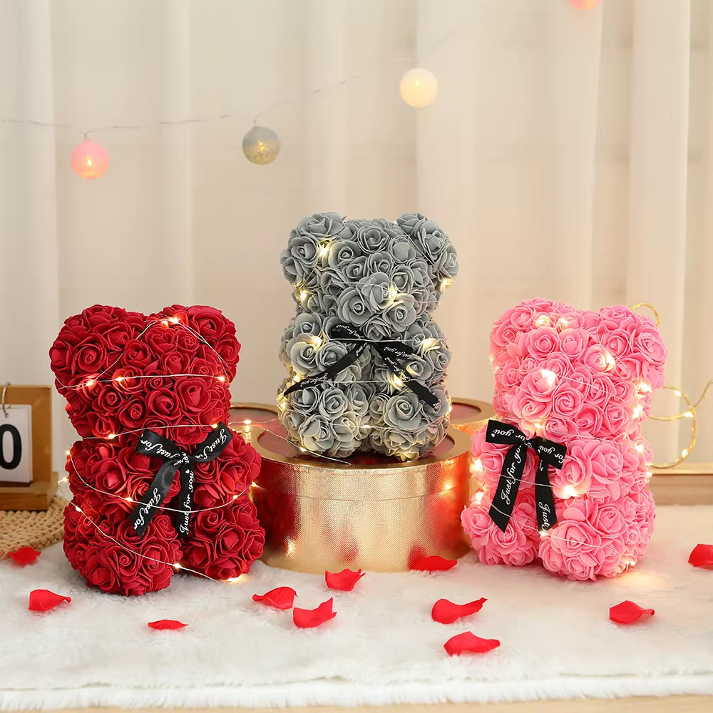 25Cm Artificial Teddy Rose Flower Bear with Box Romantic Valentines Day Gift Girlfriend Women Mother Birthday Wedding Party Deco