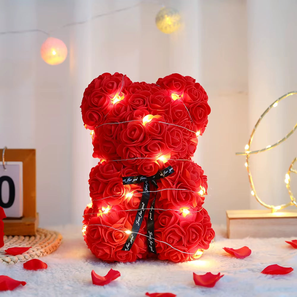 25Cm Artificial Teddy Rose Flower Bear with Box Romantic Valentines Day Gift Girlfriend Women Mother Birthday Wedding Party Deco