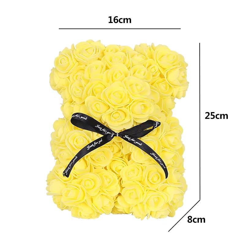 25Cm Artificial Teddy Rose Flower Bear with Box Romantic Valentines Day Gift Girlfriend Women Mother Birthday Wedding Party Deco