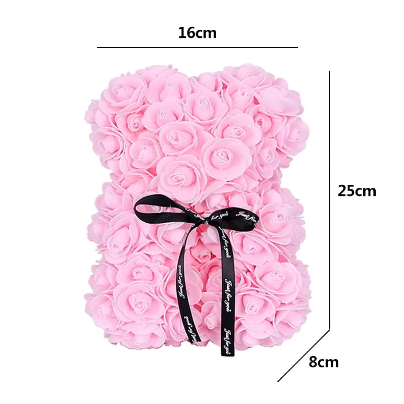 25Cm Artificial Teddy Rose Flower Bear with Box Romantic Valentines Day Gift Girlfriend Women Mother Birthday Wedding Party Deco