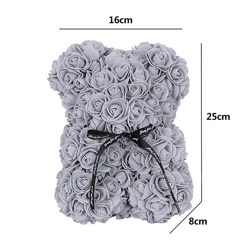 25Cm Artificial Teddy Rose Flower Bear with Box Romantic Valentines Day Gift Girlfriend Women Mother Birthday Wedding Party Deco